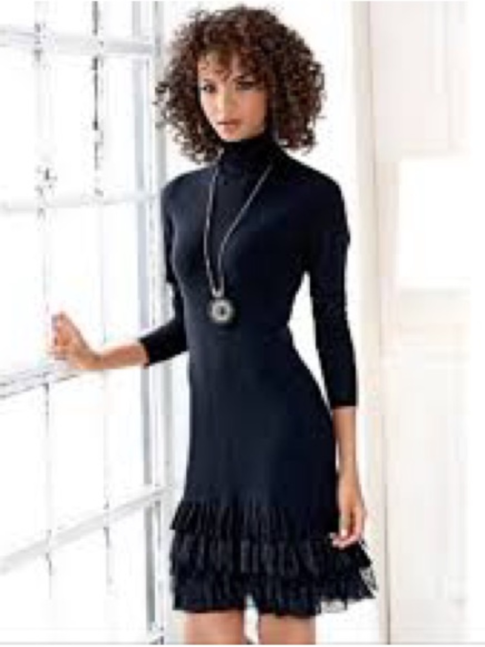 Blue Turtleneck Ruffle-Hem Dress - Elegant Women's Dress